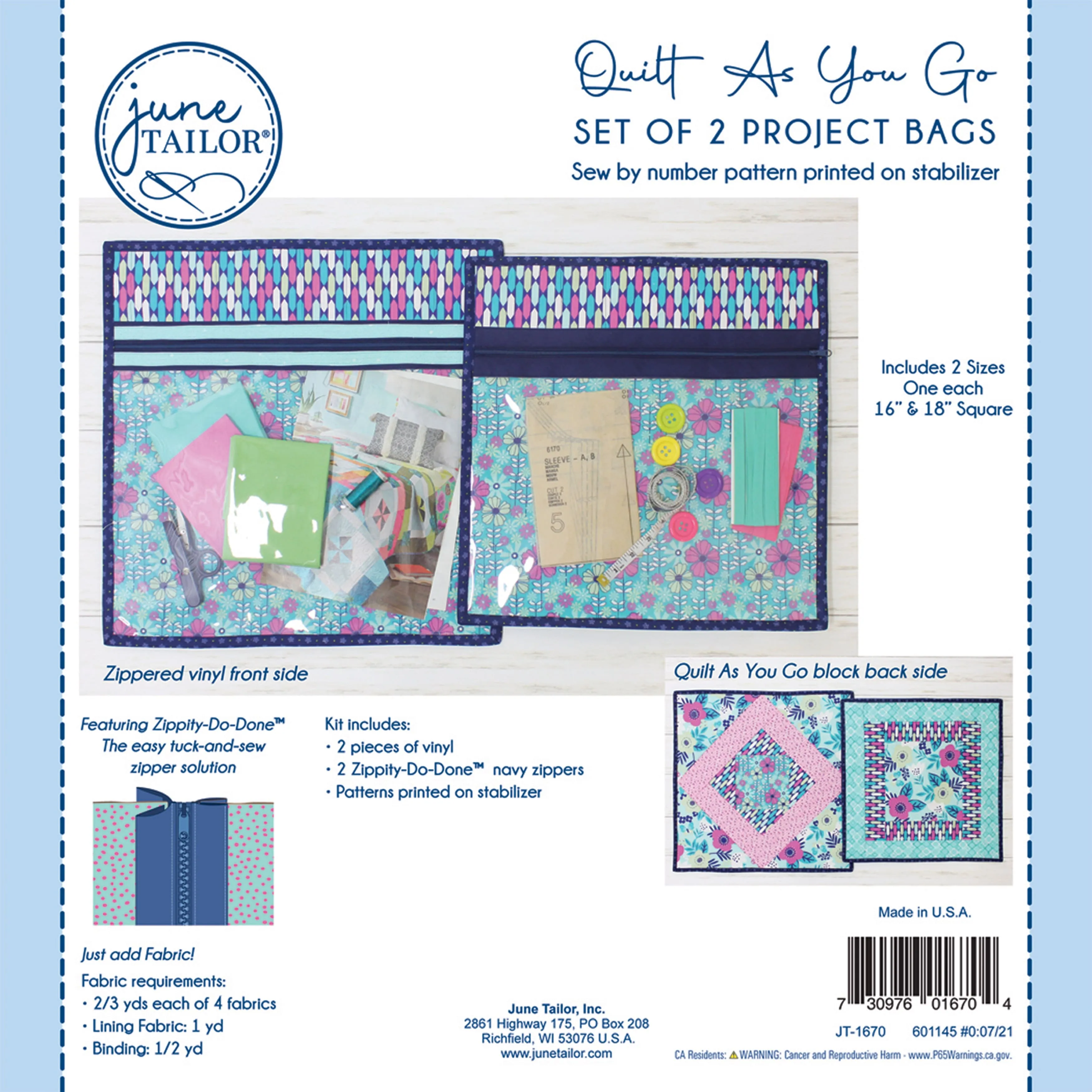 June Tailor® Navy Quilt As You Go Project Bag Kit with Zippity-Do-Done™ Zipper