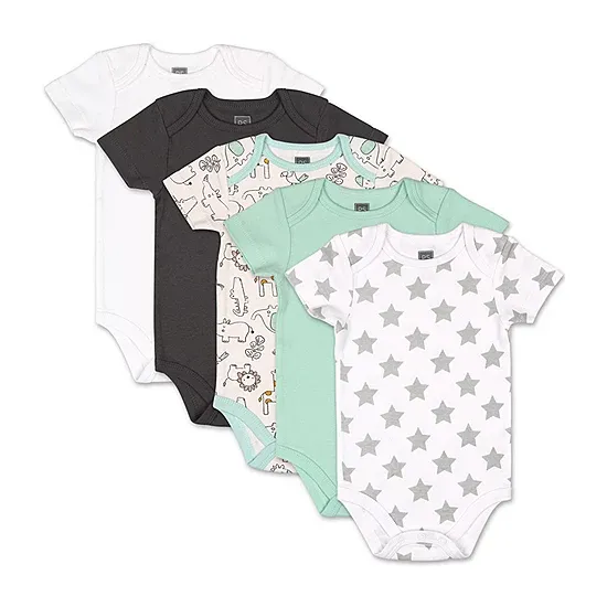 The Peanutshell Short Sleeve Baby Bodysuit Set for Boys or Girls - 5 Pack Unisex Set - Safari, Black, White, Sage, Stars