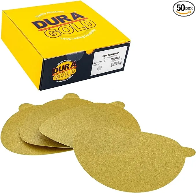 Dura-Gold Premium 6" Gold PSA Sanding Discs - 120 Grit (Box of 50) - Self Adhesive Stickyback Sandpaper for DA Sander, Finishing Coarse-Cut Abrasive - Sand Automotive Car Paint Woodworking Wood Metal