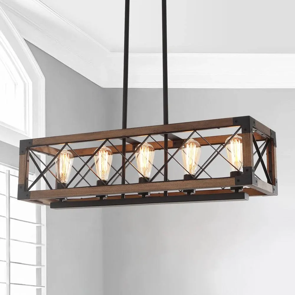 Kitchen Island Lighting, 32 Inch 5 Light Farmhouse Linear Chandelier Dining Room Pool Table Pendant Light Fixtures, Rustic Wood Grain Finish