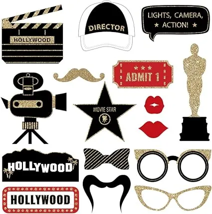 Fully Assembled Hollywood Photo Booth Props - Set of 30 - Black Gold Red Selfie Signs - Movie Night Themed Party Supplies & Decorations - Cute Oscars Designs with Real Glitter - Did we mention no DIY?