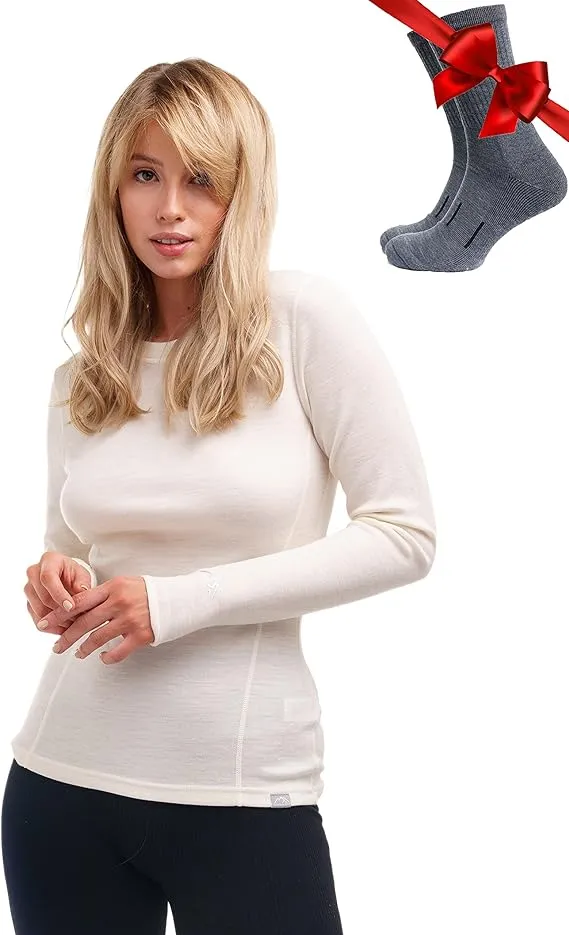 Merino.tech Merino Wool Base Layer Women 100% Merino Wool Midweight, Lightweight Long Sleeve Thermal Shirt + Wool Socks