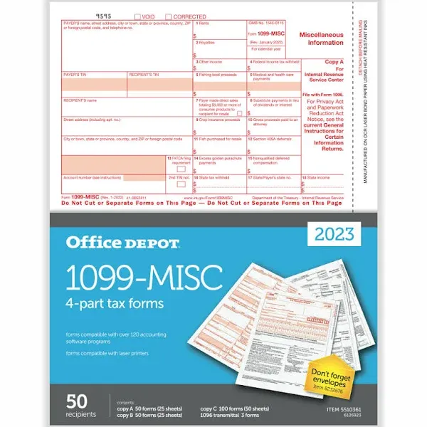 Office Depot Brand 1099-MISC Laser Tax Forms, 4-Part, 2-Up, 8-1/2 inch x 11 inch ...