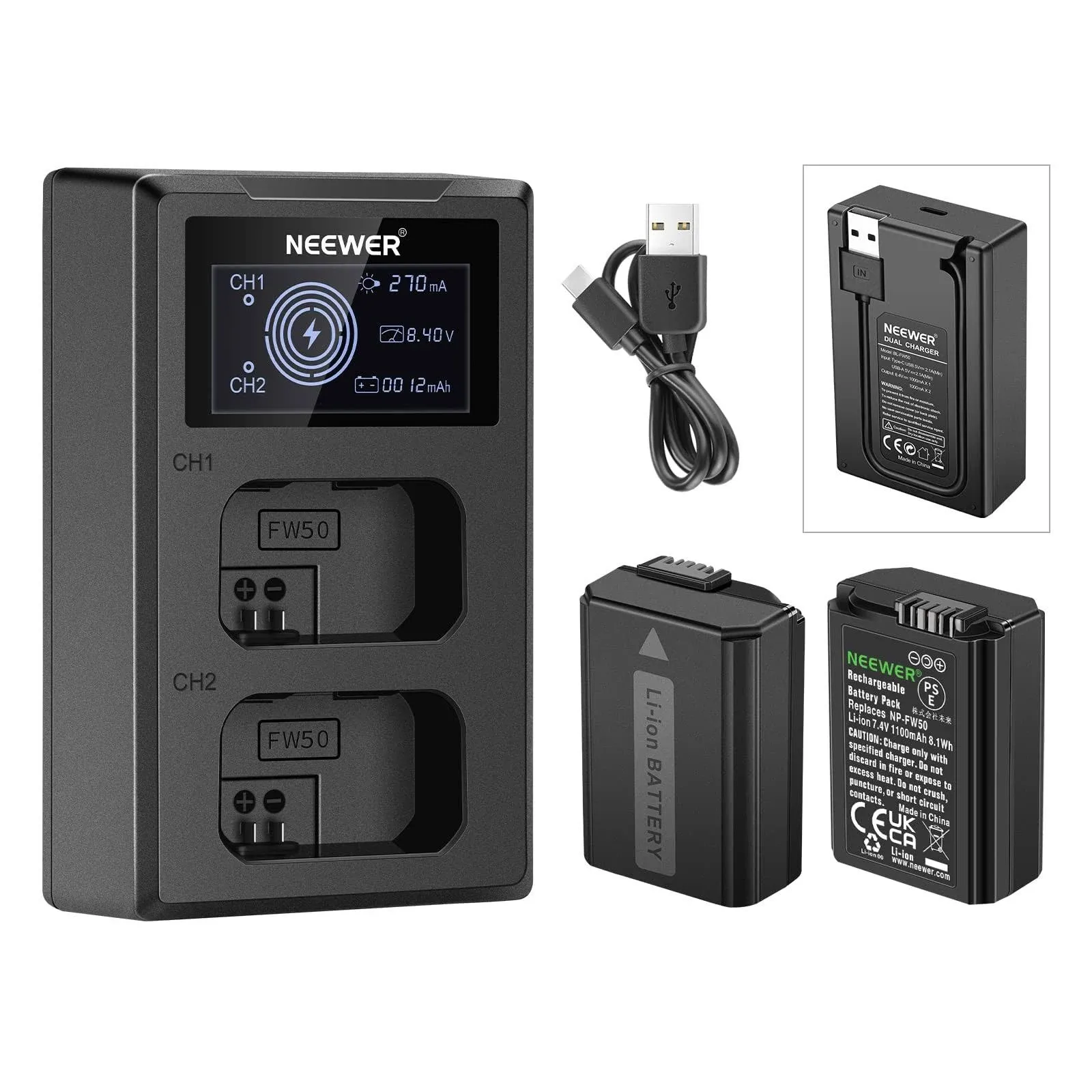 Neewer NP-FW50 Replacement Battery Charger Set for Sony ZV-E10, a7, a7R, a7RII