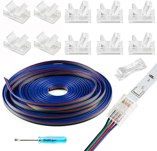 HOMELYLIFE 4Pin LED Strip Connectors Solderless 10 Pcs with 16.4ft Extension Cable 4 Conductor for Waterproof or Non-Waterproof 10mm Wide