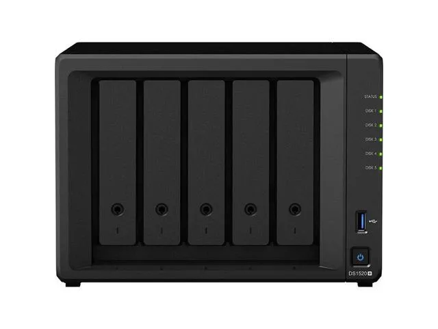 Synology DiskStation DS1520+ NAS Server with Celeron 2.0GHz CPU, 8GB Memory, 60TB HDD Storage, 1TB M.2 NVMe SSD, 4 x 1GbE LAN Ports, DSM Operating.