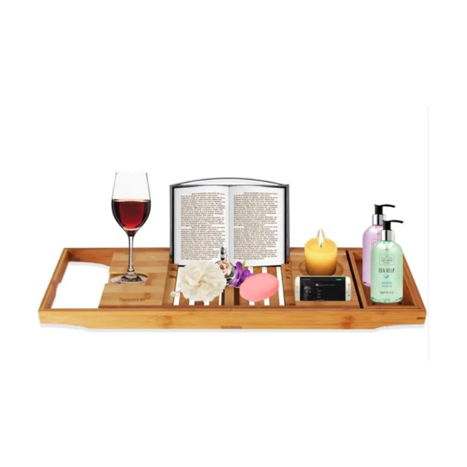 SereneLife Luxury Bamboo Bathtub Shower Caddy Tray Organizer with Wine Holder