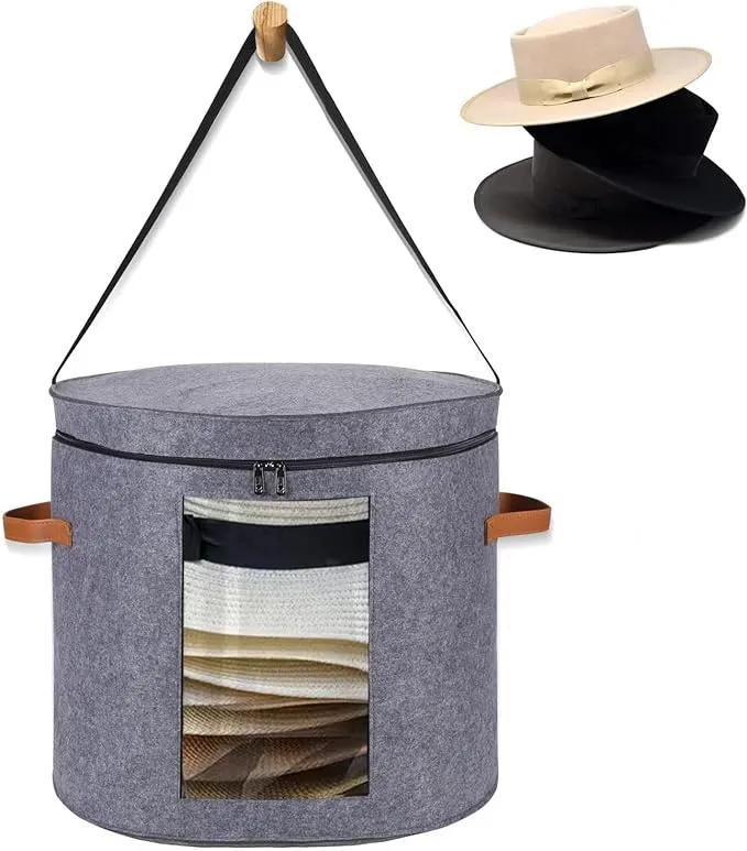 Huge Hat Boxes For Women Storage Foldable Hat Storage Boxes with Shoulder Strap & 2 Handles - Hat Boxes With Lids - Hat Box With Dustproof Lid Storage Boxes - Light Grey