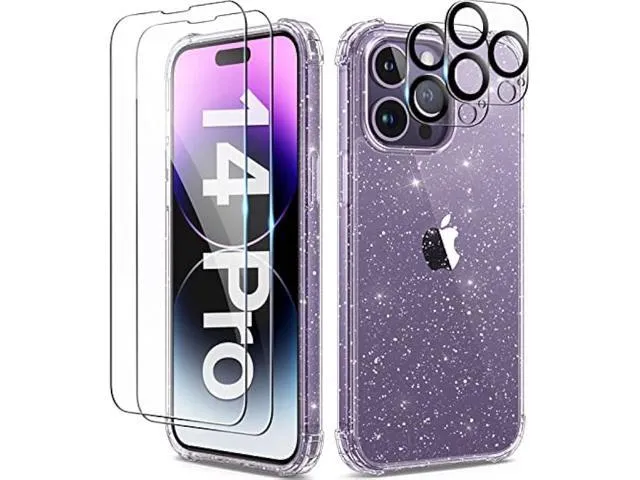 BERFY for iPhone 14 Pro Case Glitter Clear, with 2X Screen Protector + 2X Camera Lens Protector, [Non-Yellowing] [Military Grade Protection] Cute.