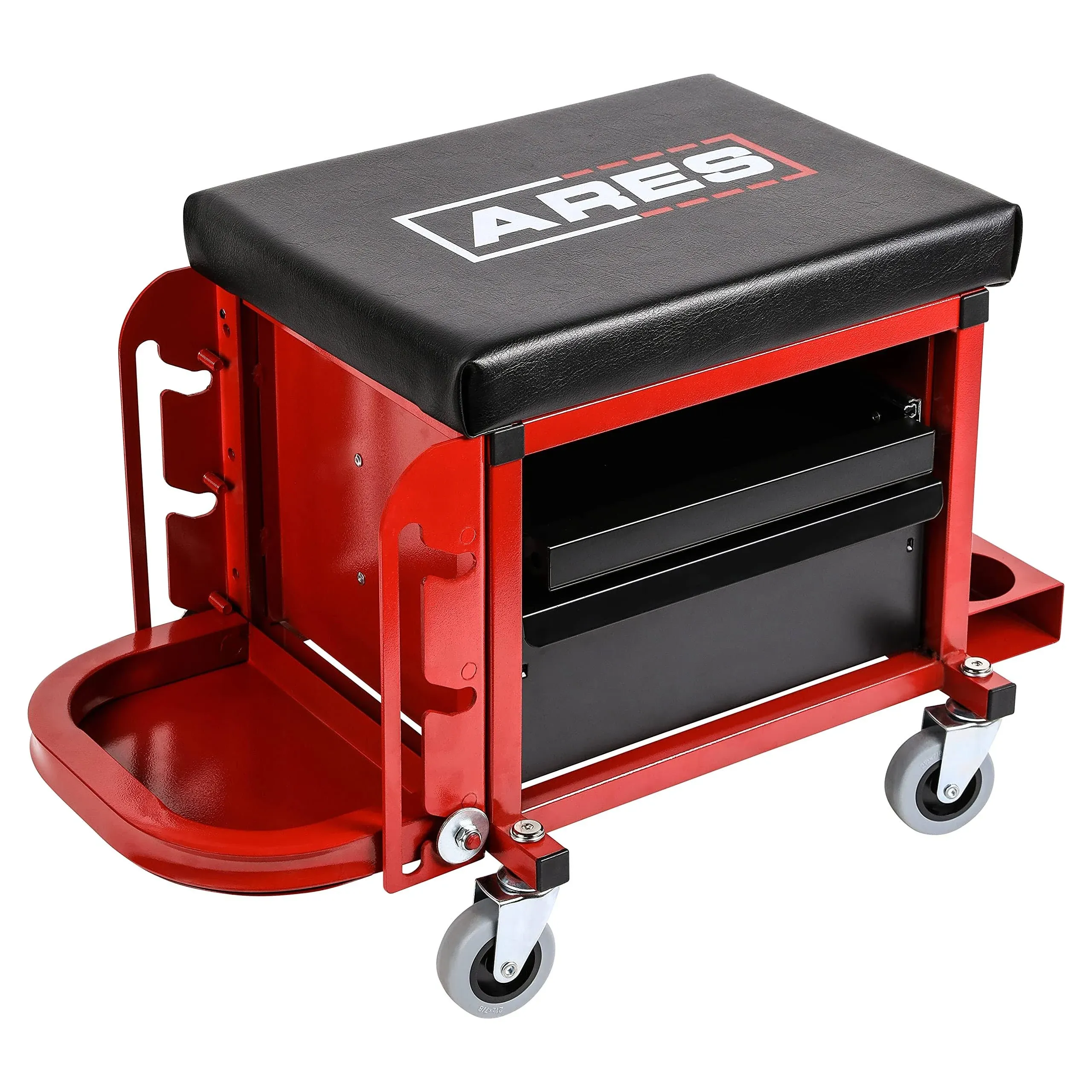 ARES 62042 – Heavy Duty Rolling Shop Stool - Square Mechanic's Red Shop Seat - Multi-Function with Padded Seat Cushion, Tool Storage Drawer and Tray – Rugged Steel Construction Holds Up to 350 LB