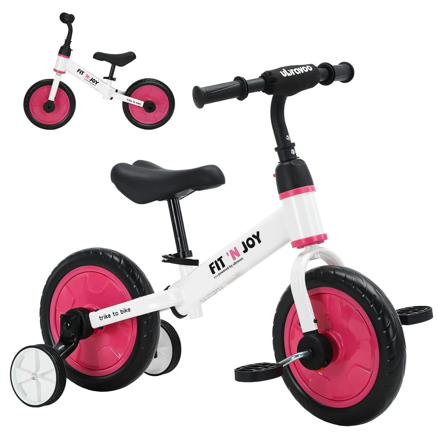 UBRAVOO Fit 'n Joy Beginner Toddler Training Bicycle for Boys Girls 2-4, 4-in-1 Kids Balance Bike with Pedals & Training Wheels Options,Rear Single Rod