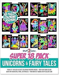 Super Pack of 18 Fuzzy Coloring Posters (Unicorns & Fairy Tales Edition) - Arts & Crafts for Girls and Boys - Great for After School, Travel, Planes, Group Activities, and Coloring with Friends