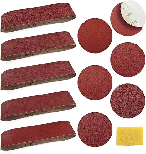 Sanding Belts and Sanding Discs Set for Power Combination Disc & Belt Sander 10 PCS 4 x 36” Aluminum Oxide Sanding Belts and 12 PCS 6” PSA Self Adhesive No-hole Sticky Back Sanding Discs(80-400 Grit) 