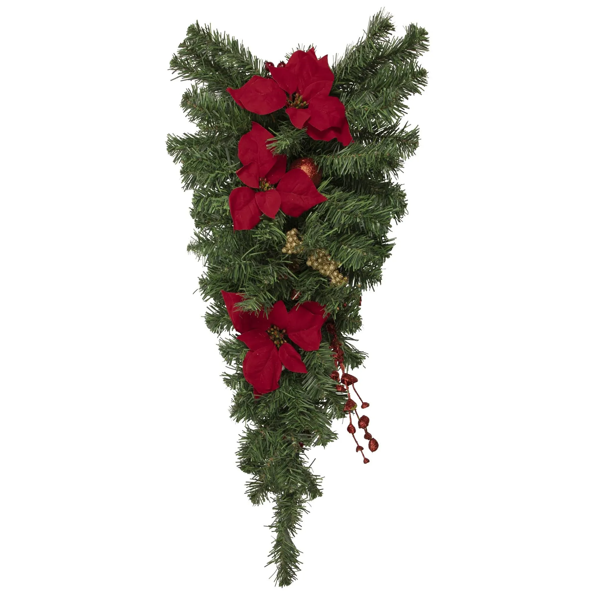 Northlight Poinsettia and Pine Cone Artificial Christmas Teardrop Swag Unlit, 30", Red and Gold