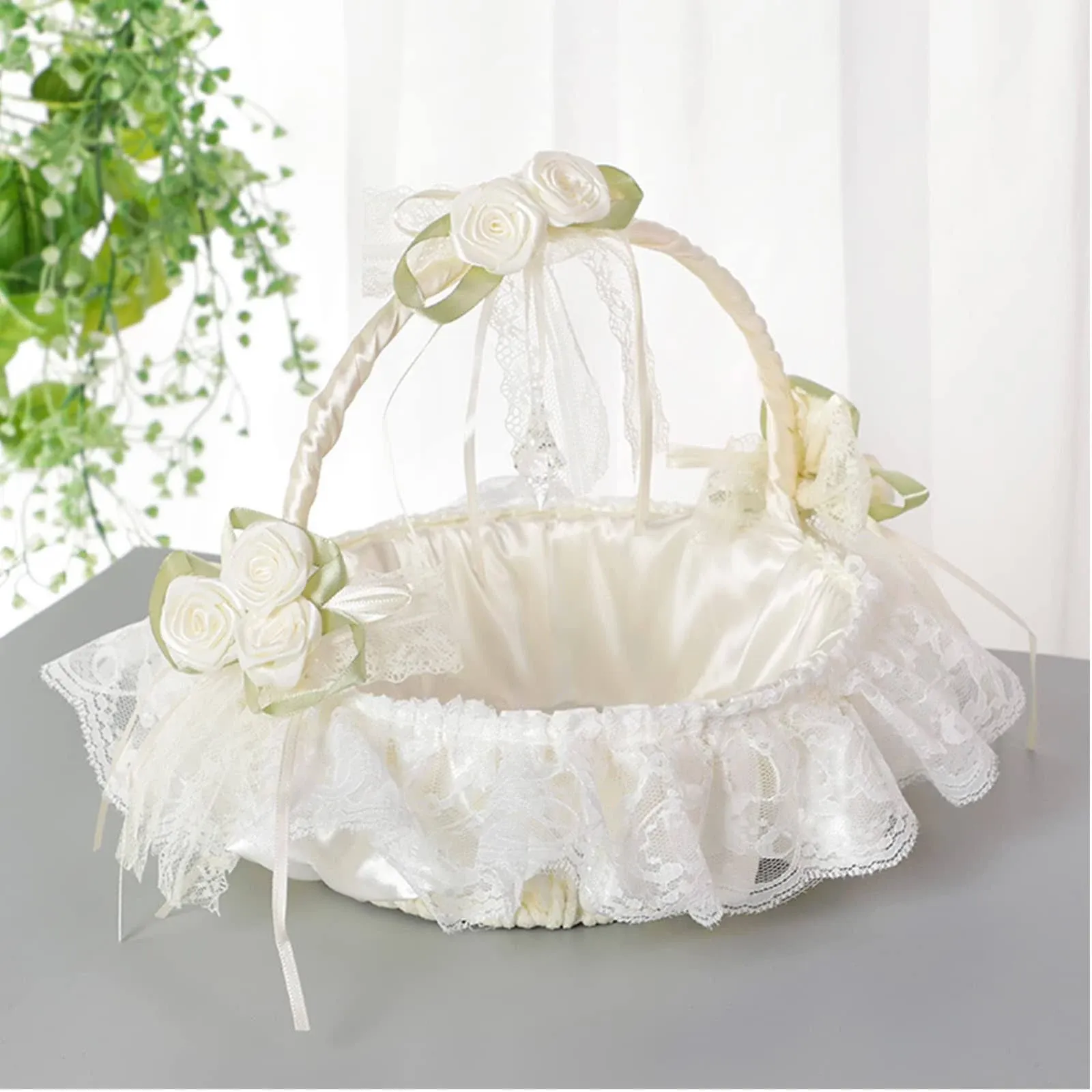 Ivory Flower Girl Baskets for Weddings, Flower Girl Basket Decorated with Lace, Satin Flowers and Artificial Crystal, Large Wedding Baskets for Flower Girls - Swingable Handle (1pcs white) 1