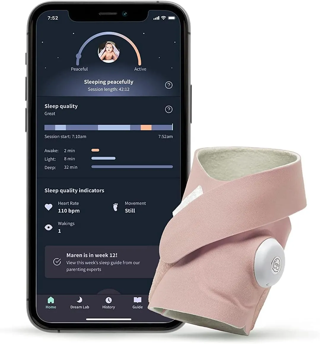 Owlet Dream Sock - Smart Baby Monitor with 2.4 GHz Wi-Fi - Foot Sensor to Track Heartbeat and Oxygen O2 Levels in Infants - Notifications for Night Wakings, Movement and Sleep State - Dusty Rose