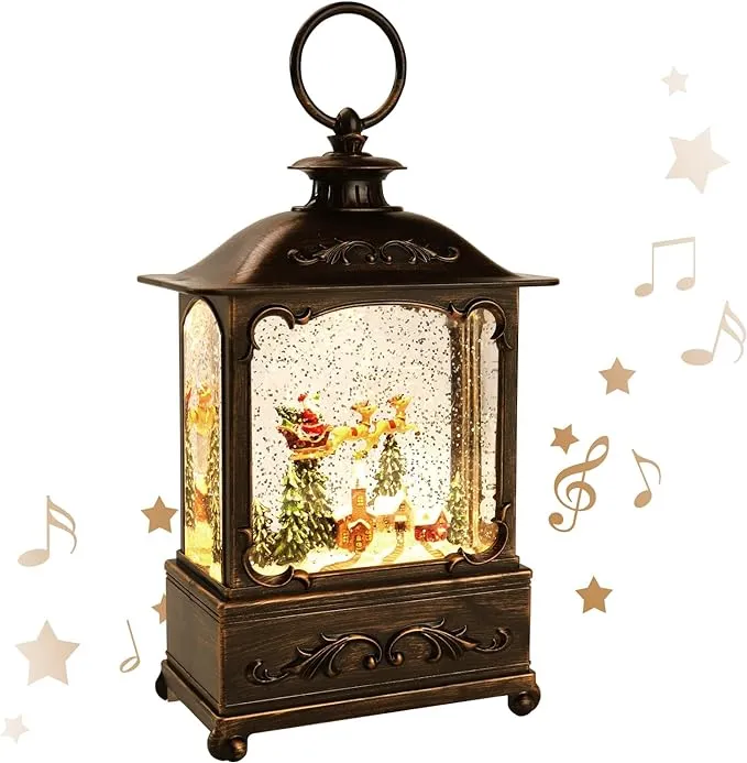 Christmas Decorations Christmas Snow Globe Lantern Glittering Lantern with Music & Timer, Christmas Lantern USB Lined/Battery Operated Lighted Lantern for Christmas Decoration Gifts (Christmas Tree)