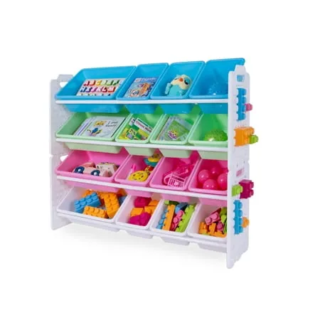 UNiPLAY Toy Organizer with 16 Removable Storage Bins, Multi-Bin Organizer for Books, Building Blocks, School Materials, Toys with Baseplate Board Frame (Pink)