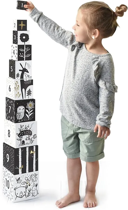Wee Gallery Nesting Blocks - Woodland Animals and Numbers, Black and White Stacking and Building Toy for Toddlers and Kids, Motor Skills, Creative Play and Problem Solving for Children (Age 2 and up)