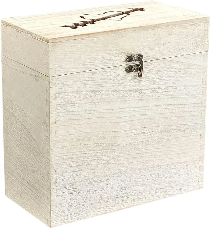 Wooden Wedding Card Box with Heat Arrow Shaped Slot,Rustic Whitewashed,9.8 x 5 x 9.8 Inches