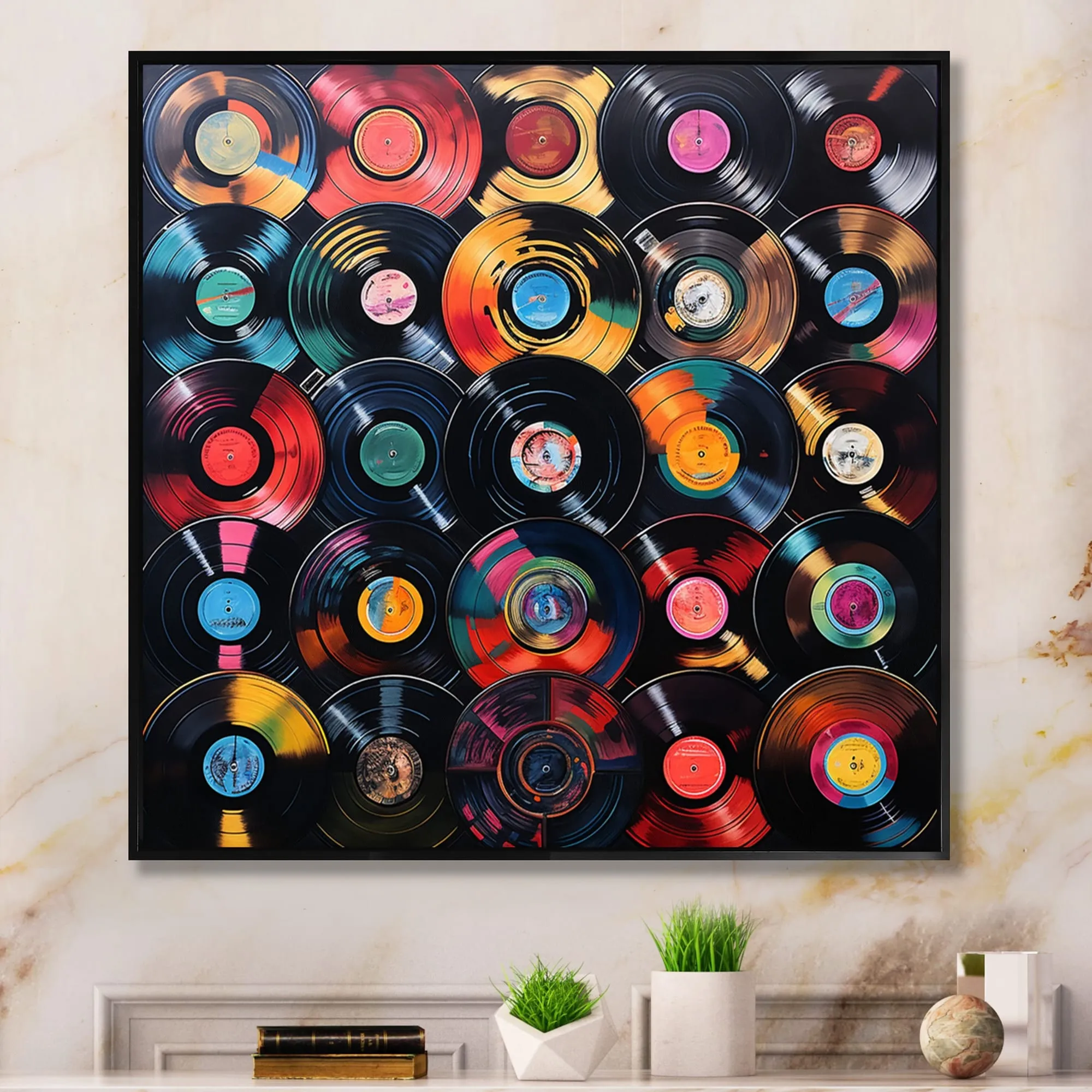 Designart "Colorful Vinyl Records Melodies III" Vinyl Records Framed Wall Art Living Room