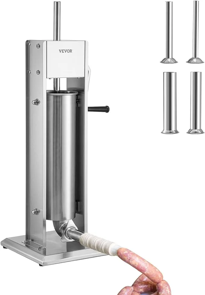 VEVOR Manual 15LBS/7L Capacity, Two Speed 304 Stainless Steel Vertical Stuffer, Sausage Filling Machine with 4 Stuffing Tubes, Suction Base for Household or Commercial Use, 7 L, Silver