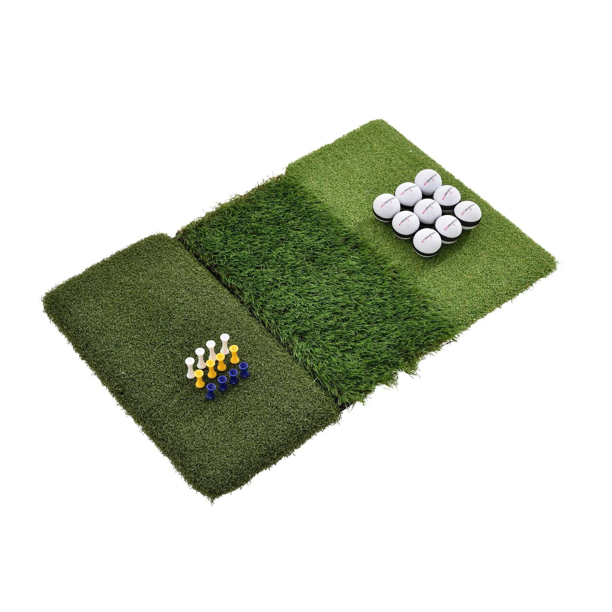 Rukket Tri-Turf Golf Hitting Mat Attack, Portable Driving, Chipping, Training Aids for Backyard with Adjustable Tees and Foam Practice Balls