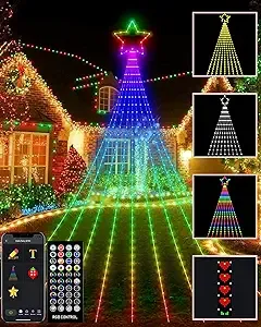 Smart Outdoor Christmas Waterfall Star String Lights, 12FT Dynamic RGB Led Tree Lights DIY Color Changing App Remote Control Unique Yard Lights for Outside Roof Home Xmas Holiday Decorations