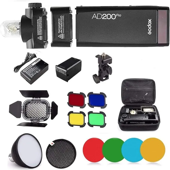 Godox AD200 Pro AD200Pro Flash Strobe Speedlight 200Ws 2.4G, 1/8000 HSS, 500 Full Power Flashes, 0.01-1.8s Recycling, 2900mAh Battery, Bare Bulb/Speedlite Fresnel Flash Head with BD-07, Reflector