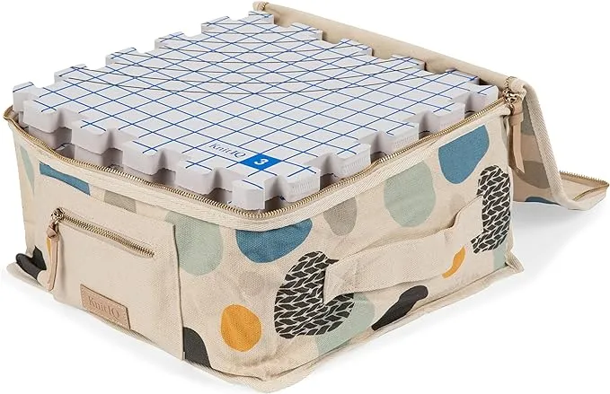 KnitIQ Pack of 9 Blocking Mats for Knitting - 0.75-Inch Thick Interlocking Blocking Boards with Circular Gridlines -150 T-Pins in Artisan Tin and Storage Bag for Needlework or Crochet