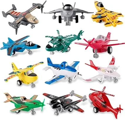 Liberty Imports Set of 12 Pull Back Airplanes Vehicle Playset - Variety Pack of Helicopters, Stealth Bombers, Fighter Jets, A