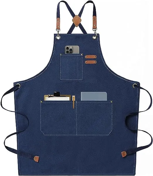 AFUN Chef Aprons for Men Women with Large Pockets, Cotton Canvas Cross Back Heavy Duty Adjustable Work Apron, Size M to XXL (DarkBlue)