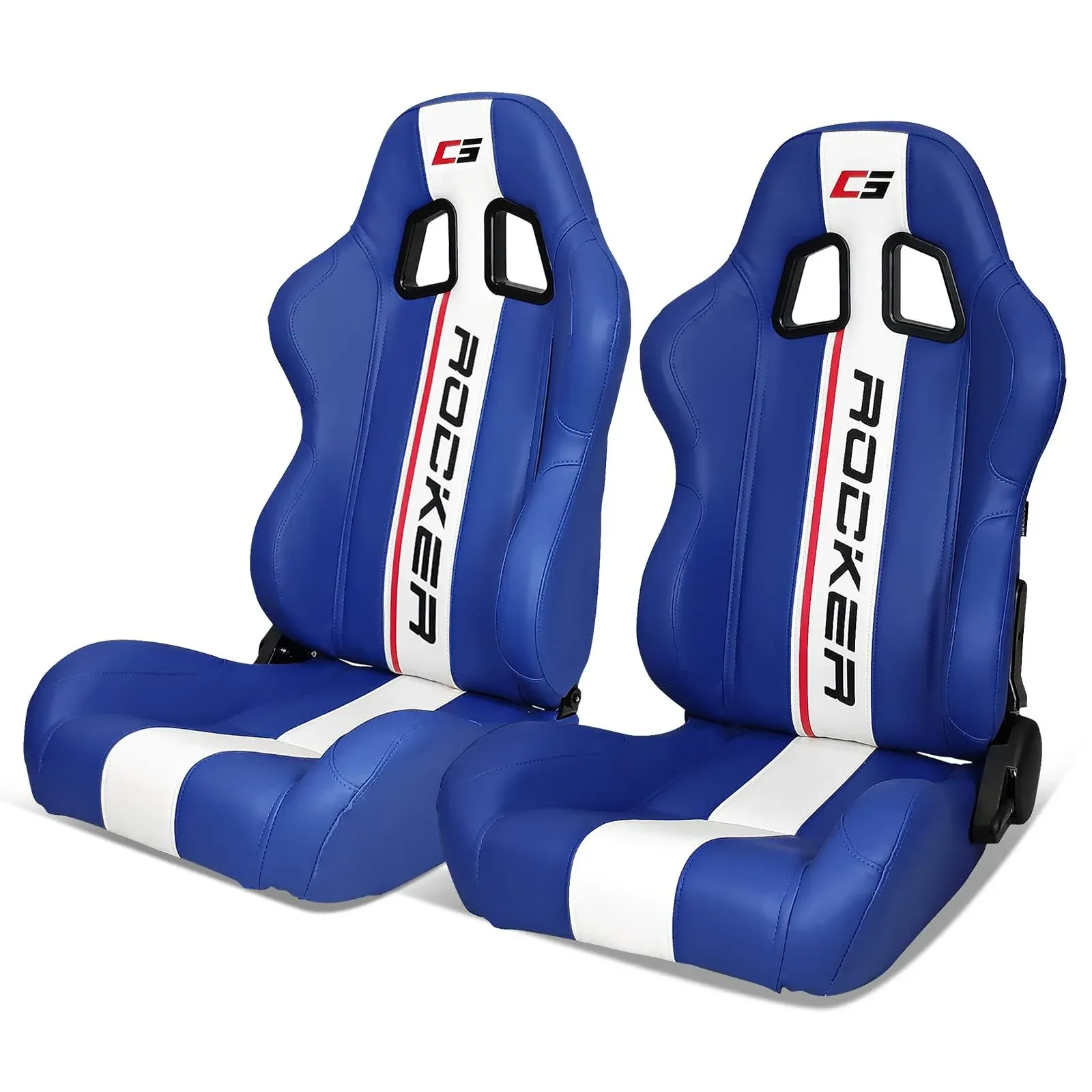 Universal Reclinable Racing Seats 2PC Dual Slider Blue PU Leather White Stripe