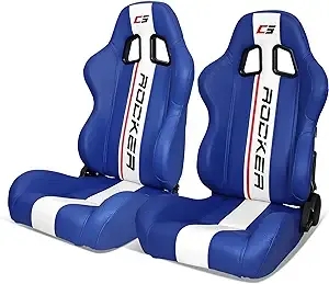 Universal Reclinable Racing Seats 2PC Dual Slider Blue PU Leather White Stripe