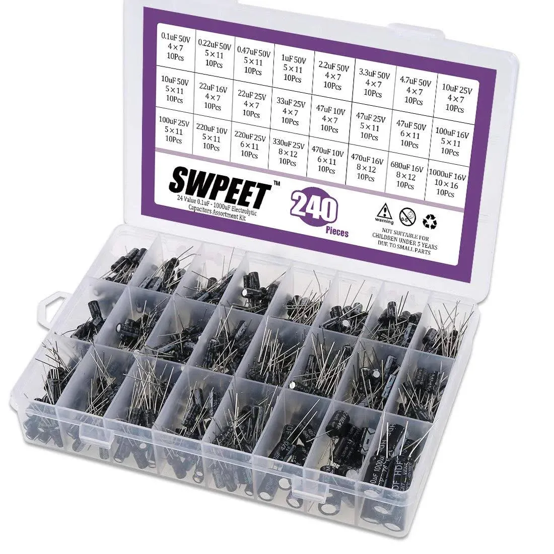 Swpeet 240Pcs 24 Kinds Different Electrolytic Capacitors Range 0.1uF-1000uF ...