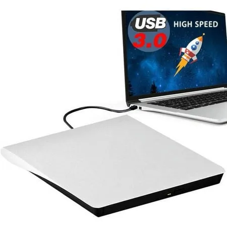 External CD DVD Drive, USB 3.0 Portable CD/DVD +/-RW Drive/DVD Player for Laptop CD ROM Burner Compatible with Laptop Desktop PC Windows Linux OS iphone Mac White