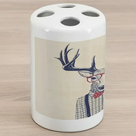 Hipster Ceramic Toothbrush Holder Humorous Portrait of Deer with Jazz Polka Dotted Bow and Shirt Decorative Versatile Countertop for Bathroom 4.5 X 2.7 Indigo Dark Coral