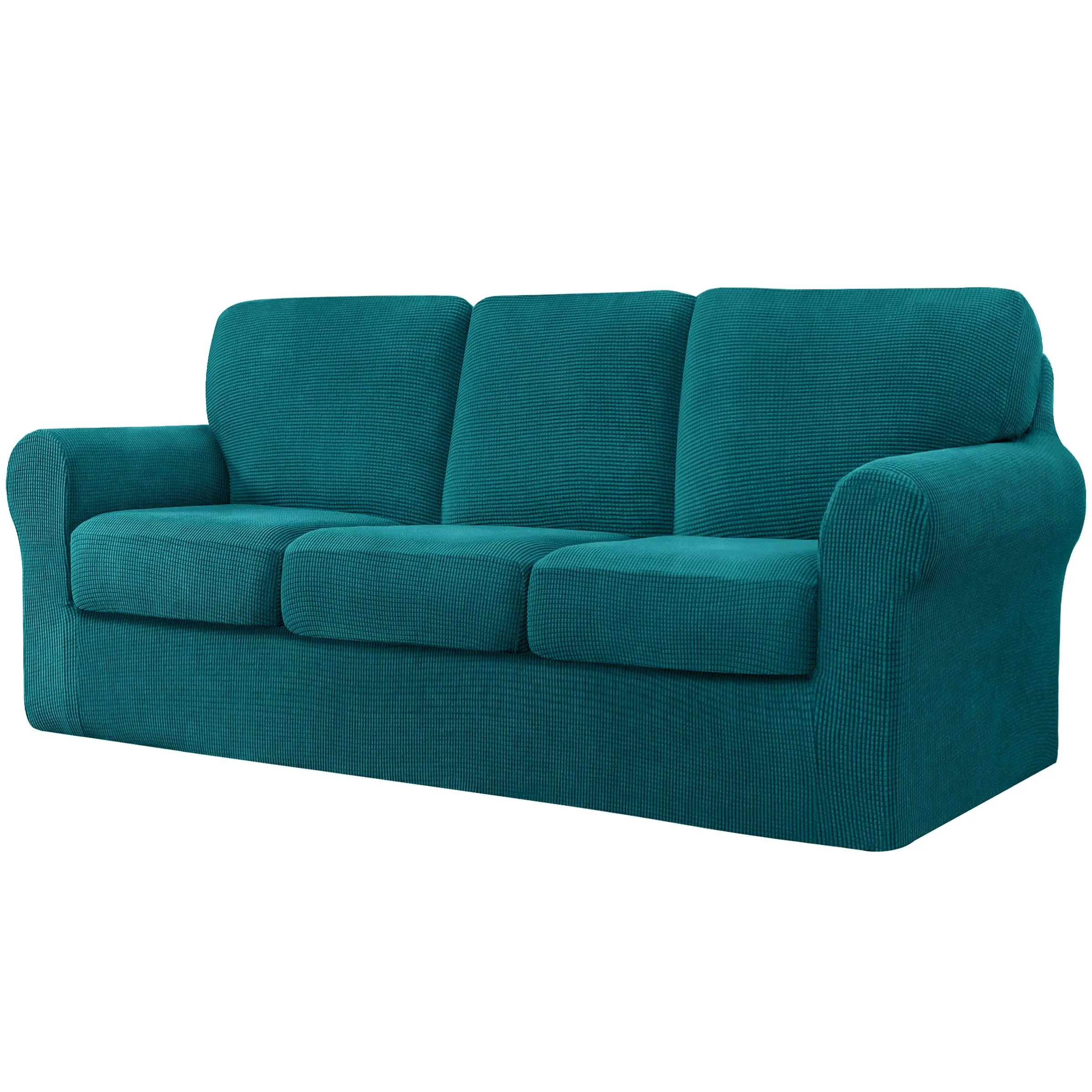 CHUN YI 7 Piece Stretch Sofa Cover, 3 Seater Couch Slipcover with Three Separate Backrests and Cushions with Elastic Band, Checks Spandex Jacquard Fabric(Large,Teal)