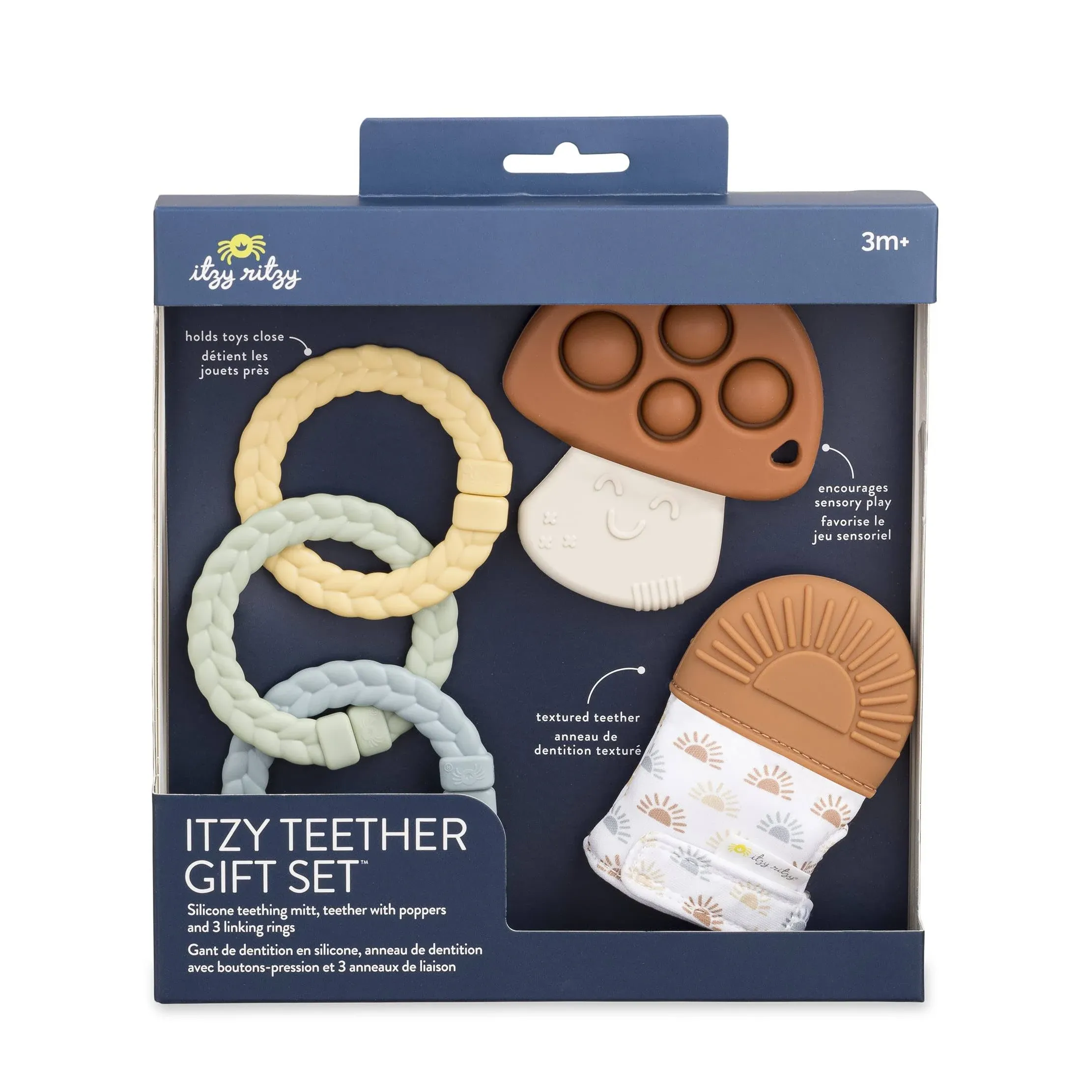 Itzy Ritzy Teething Toy Gift Set - Includes 1 Teething Mitt with Crinkle Sounds, 1 Sensory Popper Toy & 3 Textured Linking Rings - Ideal for Sensory Play, Soothing Relief and Engaging Baby