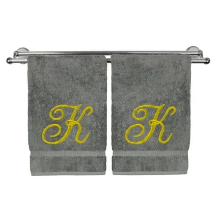 Monogrammed Hand Towel Personalized Gift 16 x 30 Inches - Set of 2 - Gold Embroidered Towel - Extra Absorbent 100% Turkish Cotton - Soft Terry Finish - for Bathroom Kitchen and Spa - Script K Gray