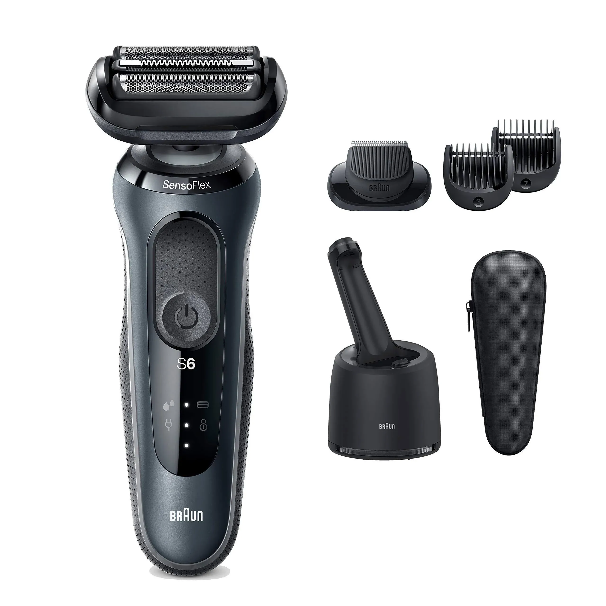 Braun Electric Shaver for Sensitive Skin, Wet & Dry Shave, Series 6 6075cc, With Beard Trimmer, Clean & Charge SmartCare Center, and Leather Travel Case, Rechargeable, Black