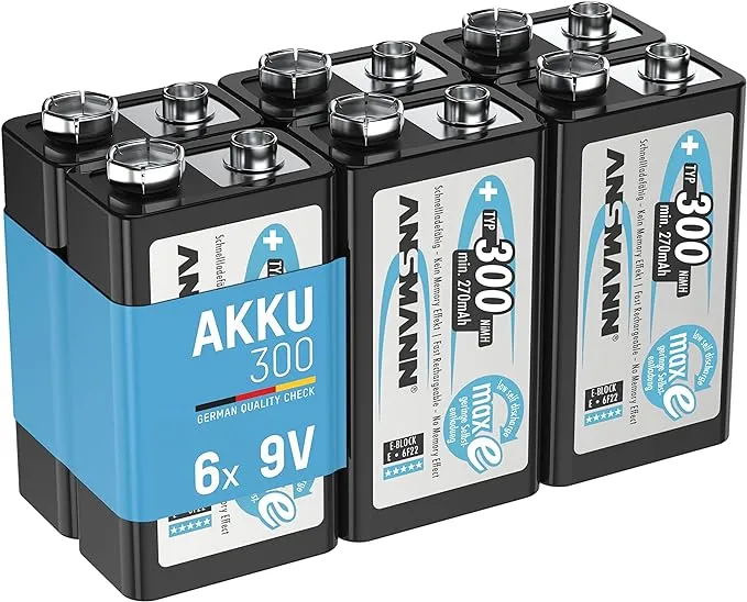 ANSMANN 9V Rechargeable Batteries 300mAh pre-Charged Low Self-Discharge NiMH 9 Volt Battery 9V Battery (6-Pack)