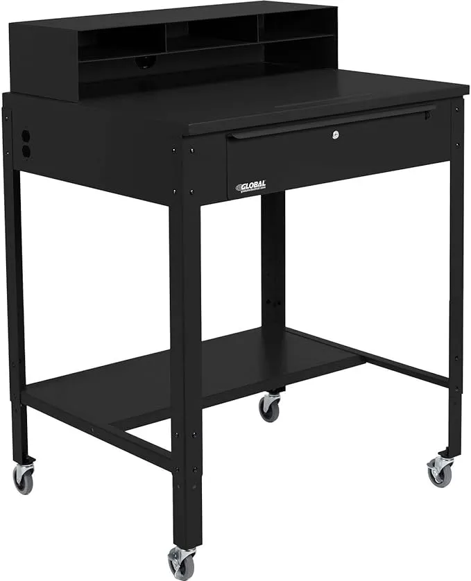 Global Industrial 34-1/2"W x 30"D x 38"H Mobile Shop Desk with Pigeonhole Compartment Riser Flat Surface, Black