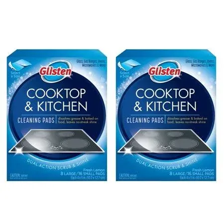 Glisten Cooktop and Kitchen Cleaning Pads, Dissolves Grease and Baked on Foods, Lemon Scent, 24 Large Pads or 48 Small Pads