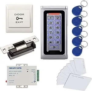 Waterproof Metal RFID+PIN Code Door Security Access Control System Kits with ANSI Standard North American Heavy Duty Electric Strike Lock,110V-240V Power Supply Unit,Exit Button,RFID Cards/Key Fobs