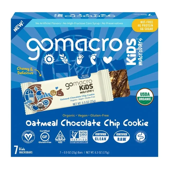 Gomacro Kids Macrobars, Oatmeal Chocolate Chip Cookie - 7 pack, 0.9 oz bars