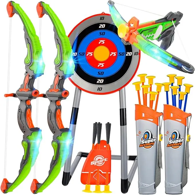 3 Pack Bow and Arrow for Kids 8-12, Kids Archery Set with LED Crossbow & 2 Light Up Bows & Bigger Stand Target & 15 Arrows, Kids Bow and Arrow Set for Boys 4-6 with 2 Quivers