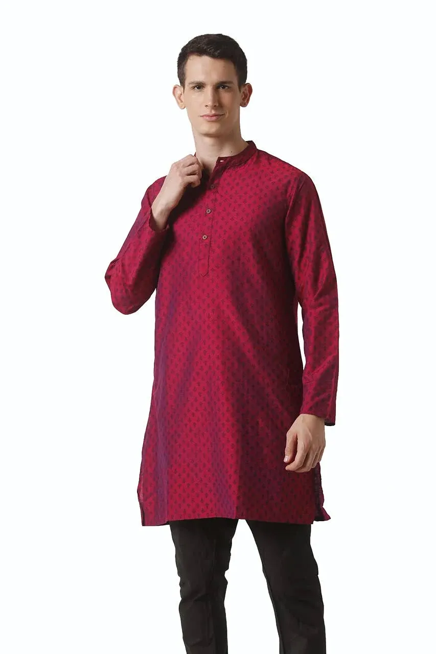 In-Sattva Men&#039;s Mandarin Collar Micro Dobby Fine Print Magenta Kurta Tunic