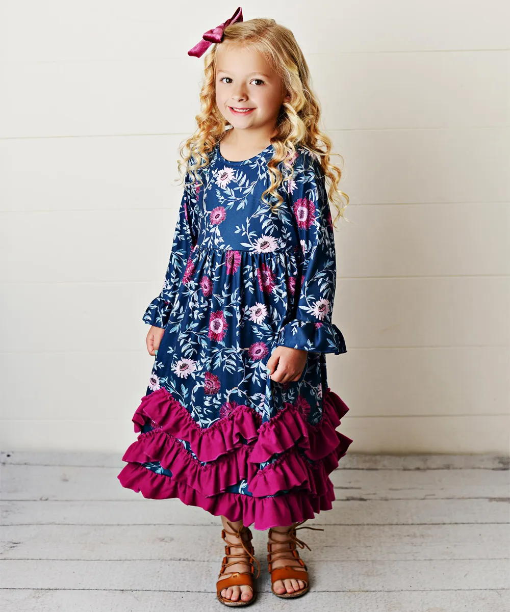 Adorable Sweetness Girls' Maxi Dresses Wine./Navy - Navy & Wine Floral Ruffle-Hem Long-Sleeve Dress - Toddler & Girls