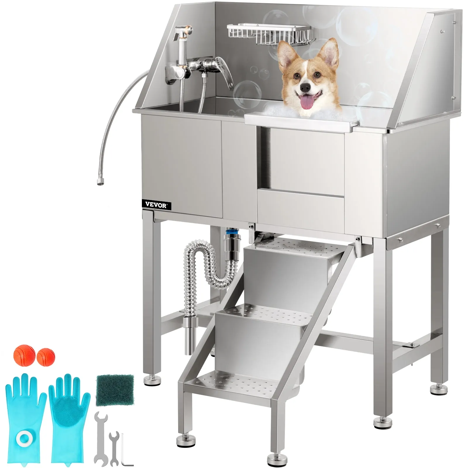 VEVOR 34" Pet Grooming Tub, Stainless Steel Dog Wash Station Pet Washing Station Dog and Washing Station Water-Resistant Grooming Tub for Dogs with Removable Door & Ladder on the Right